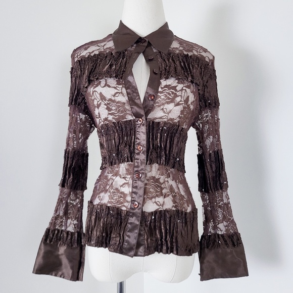 Lace long sleeve blouse button down sheer satin patchwork crinkle - Picture 1 of 14